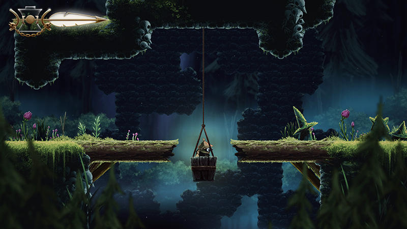 A small bird-like character in a woven basket descends between mossy stone platforms, suspended by a rope under a glowing sword-shaped lantern. The forest below is misty and deep, with delicate pink flowers dotting the edges.