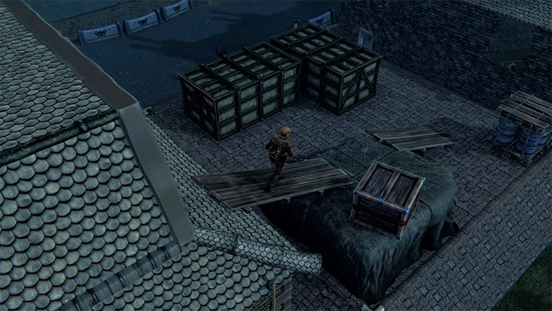 A character wearing brown clothing and a hat walks across two wooden planks bridging a tiled roof to a stone platform covered with dark cloth. A wooden crate sits on the platform. To the left: a grey-tiled roof; to the right: cobblestone ground. In the background: stacked wooden crates and two blue barrels.