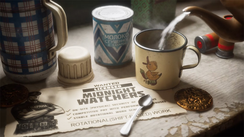 Soviet-era items on a worn table: enamel mugs, milk tin, kettle, badge, spoon, and a “Midnight Watchers” recruitment poster, evoking Siberian isolation.