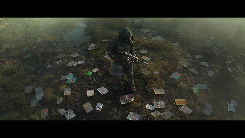 A heavily armored soldier stands in a misty, overgrown wasteland, surrounded by scattered colorful children’s drawings on the ground—suggesting lost innocence amid post-apocalyptic decay.