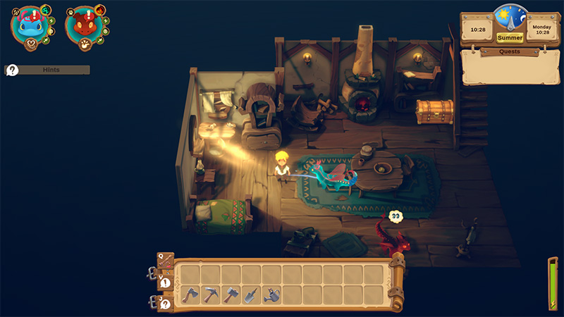 A cozy wooden cabin interior at night, with the player character tending to a small blue dragon on a rug. Two dragon companions (blue and red) appear in the top-left hint icons; UI shows time (10:28), season (Summer), day (Monday), and an empty quest log.