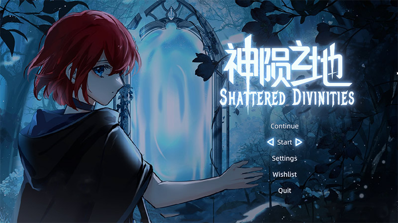 Main menu screen of Shattered Divinities. A red-haired, blue-eyed character reaches toward a glowing mystical archway in a dark forest. The Chinese title “神陨之地” and English subtitle “SHATTERED DIVINITIES” appear on the right, with English menu options below: Continue, Start, Settings, Wishlist, Quit.