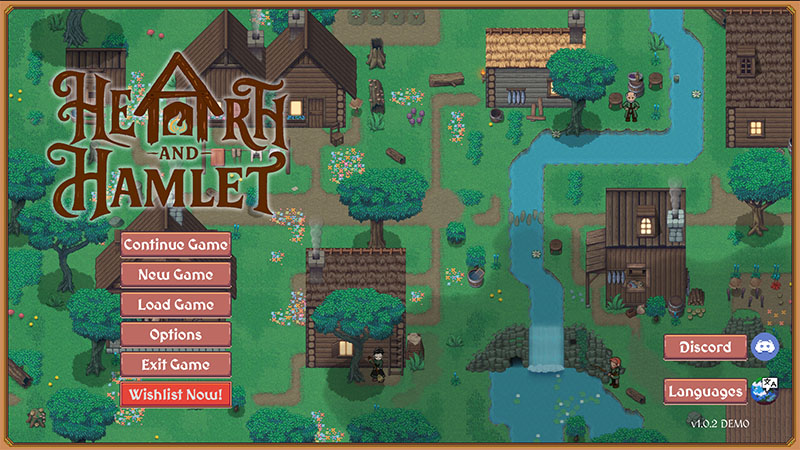 Main menu screen of the game "Hearth and Hamlet" (v1.0.2 DEMO). Top-left displays the stylized title logo in ornate brown font. Below are six pink buttons: "Continue Game", "New Game", "Load Game", "Options", "Exit Game", and "Wishlist Now!". The background shows a vibrant isometric village with wooden houses, trees, a river, and villagers. Bottom-right shows "Discord" and "Languages" buttons with icons, and version label "v1.0.2 DEMO".