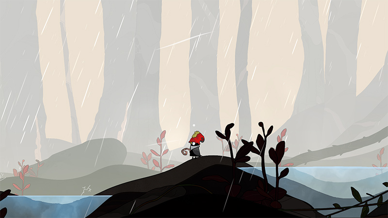 A lone small bird-like character with a red mushroom cap stands on a dark hill overlooking a misty, rain-swept forest. Tall silhouetted trees rise in the background; gentle rain streaks diagonally across the pale sky. Sparse pink plants dot the foreground, and a calm river reflects the gray light below.