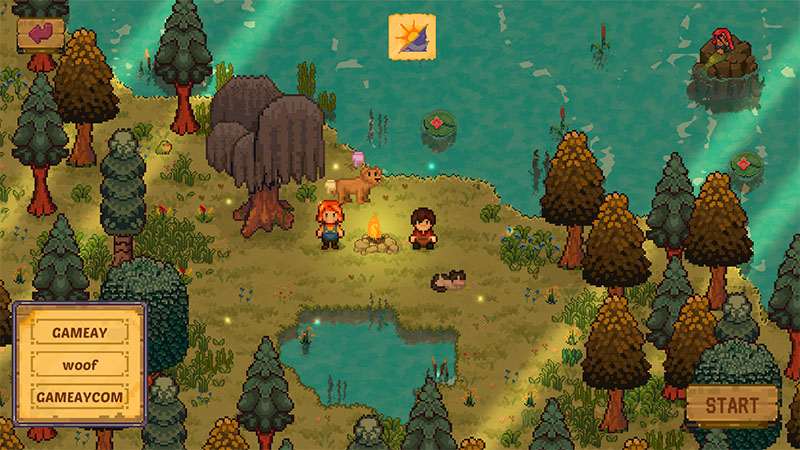 Title screen: two characters and a dog by a campfire in a forest clearing. A floating sign reads “GAMEAY — woof — GAMEAYCOM”. A “START” button is at the bottom right.