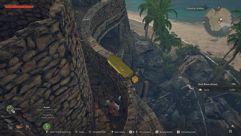 Windrose gameplay: player building stone archway in coastal jungle biome, with resource UI showing stone and comfort level