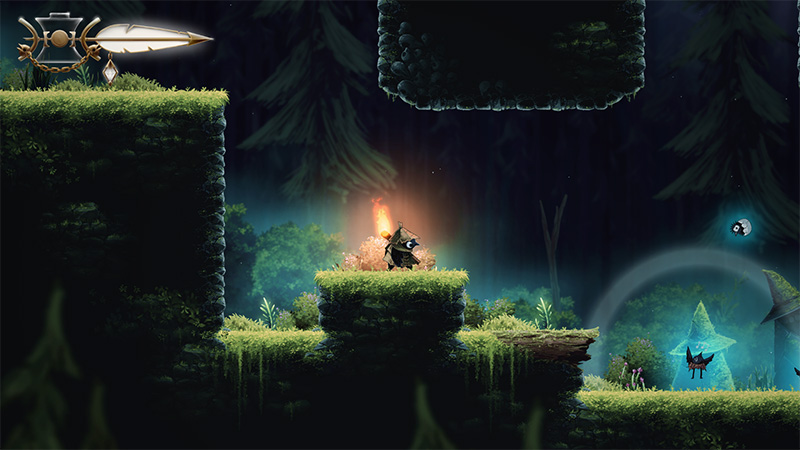The character crouches beside a flickering campfire on a grassy ledge, while a mysterious glowing arch and a distant fox-like creature appear in the twilight woods.