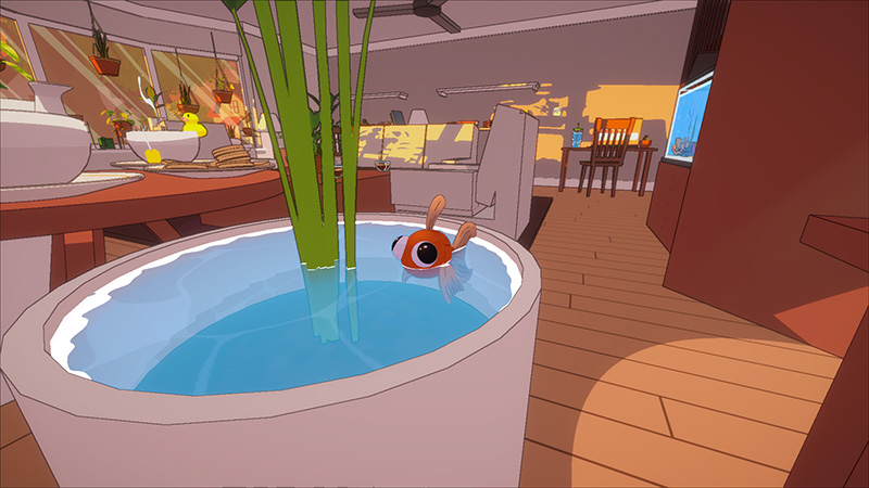 An orange goldfish with large eyes floats in a white pot filled with water and tall green reeds. In the background: a wooden dining table, chairs, a sofa, and a window with warm light.