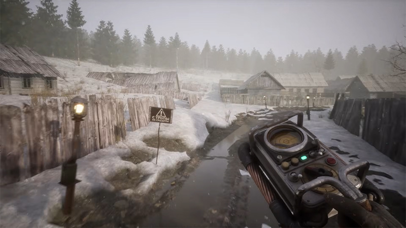 First-person view walking a snowy village path with a Geiger counter; derelict houses, foggy taiga, and a Russian warning sign—tense and eerie.