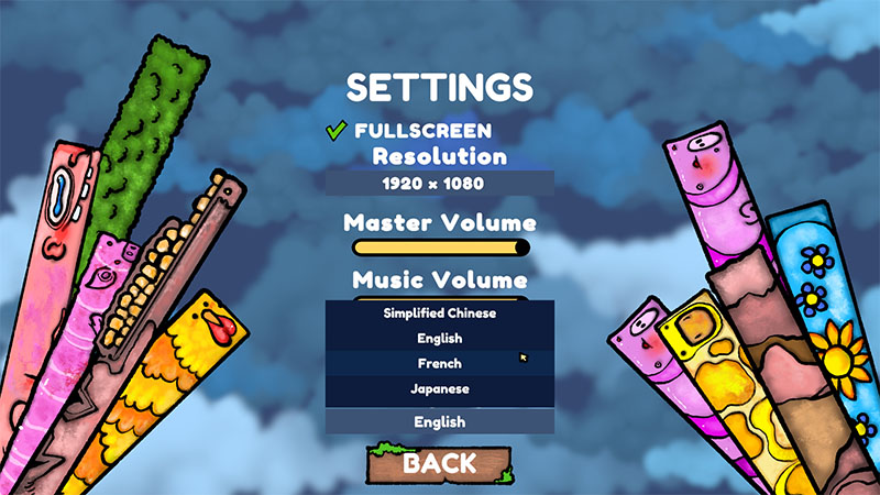 Settings screen showing options for Fullscreen (enabled), Resolution (1920×1080), Master Volume, Music Volume, and language selection (Simplified Chinese, English, French, Japanese). The interface is framed by whimsical illustrated vegetables (carrots, cucumbers, etc.) shaped like game controllers.