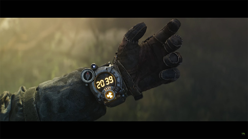 Close-up of a gloved hand wearing a rugged, futuristic wristwatch; the digital display reads “20:39”, with illuminated icons indicating radiation level and compass direction.