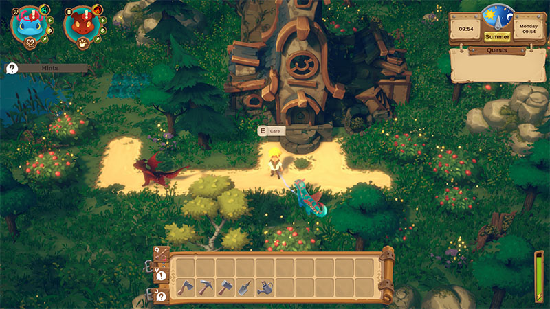 The player walks along a sun-dappled forest path with a blue dragon beside them, approaching a whimsical treehouse entrance. A red dragon follows behind. Lush greenery, berry bushes, and fireflies surround the scene; UI displays time (09:54), season, day, and quest log.