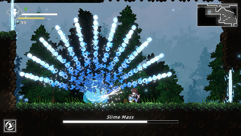 Pixel-art side-scrolling action scene: The protagonist unleashes a blue projectile attack against a large slime enemy, triggering the “Slime Mass” ability—a radial burst of translucent blue orbs. Nighttime forest background with mini-map in top-right corner.