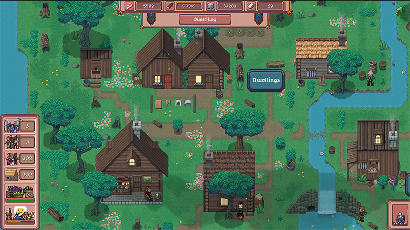 In-game screenshot showing an isometric village view. A large two-story wooden house labeled "Dwellings" is centered. Other buildings include a smaller house, a workshop, and a well. A blue UI panel on the left displays resource counters (people, food, wood, stone) and building queue icons. Top bar shows resources: gold (55840), food (90382), wood (34205), stone (20), and a "Quest Log" button. Villagers walk along paths; a river flows through the scene.
