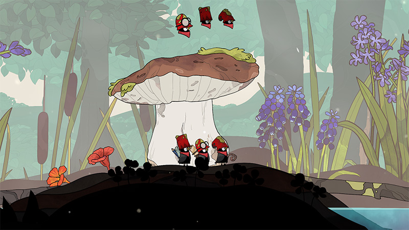 Three bird-like characters wearing red caps stand together beneath a giant mushroom, seemingly collaborating or sharing a moment of rest. Above them, three floating portrait icons each show a red-capped bird face, suggesting character selection, companions, or unlocked roles. The lush forest setting includes purple hyacinths, cattails, and orange flowers, evoking a gentle, cooperative atmosphere.