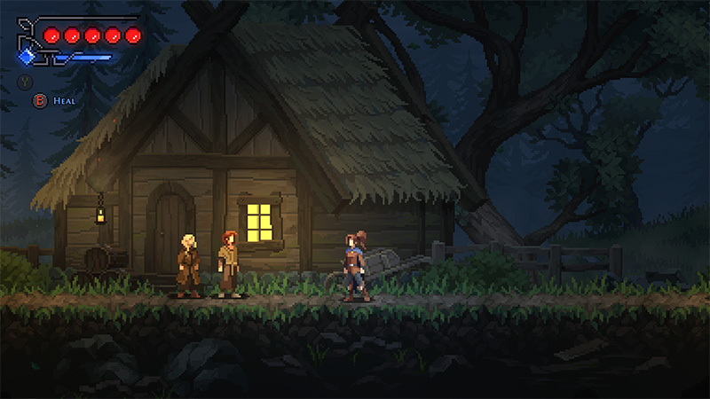 Fjor stands with two NPCs outside a thatched cottage at night; warm light glows from the window. HUD shows 5 hearts (health), a blue stamina bar, and “Heal” (B) prompt. Pixel-art forest setting.