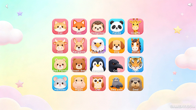 Animal profile gallery: 20 cartoon animal cards (cat, fox, panda, etc.) in a 4×5 grid, each labeled with English name and showing key visual traits for early learning.