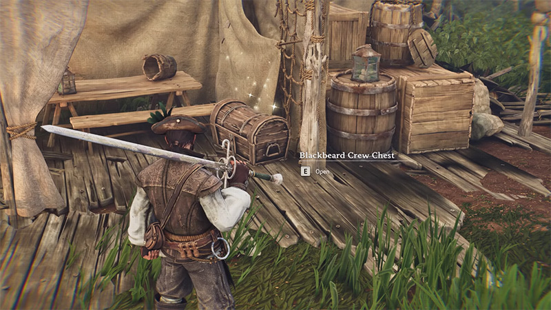 Windrose gameplay: character opening "Blackbeard Crew Chest" at campsite, surrounded by barrels and tents