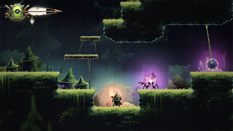 The protagonist faces a glowing purple enemy with multiple limbs and a crystalline core, standing on a moss-covered platform near floating wooden planks and conical hats.