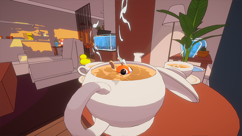 The same orange goldfish floats in a white ceramic teapot filled with brown liquid and steam. The teapot sits on a wooden table. Behind it: a fish tank, a potted plant, and a chair.