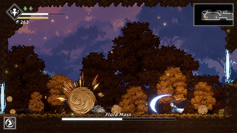 Dusk-lit forest battle scene: The protagonist swings a crescent-shaped light blade against “Flora Mass”—a plant-based enemy composed of coiled vines and dry foliage—sparking orange-yellow particles on impact. UI elements include health bar, energy gauge, and mini-map; conveying dynamic combat intensity.