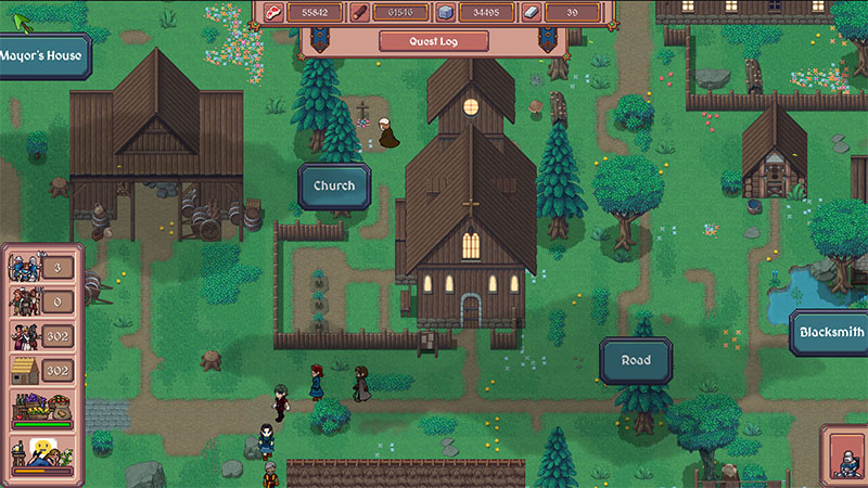 Gameplay view of the town center: a large "Mayor’s House" (left), a prominent wooden "Church" with a cross (center), and a "Blacksmith" (right). A paved "Road" connects them. Three villagers stand near the church. The left-side UI panel shows population, resource stockpiles, and construction queue. Top bar includes resource counters and "Quest Log". Background features trees, fences, and a small pond.