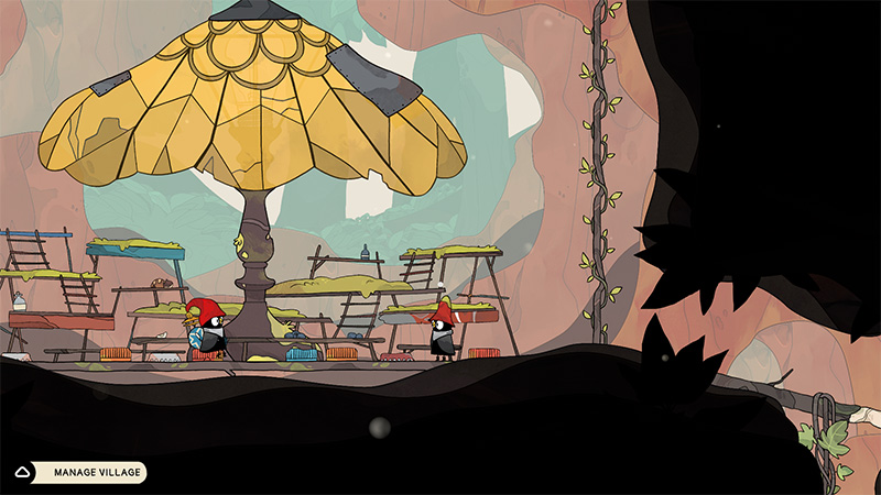 A village hub under a giant yellow mushroom canopy, with wooden platforms, ladders, and storage shelves arranged around its trunk. Two bird-like characters—one wearing a red cap and holding a tool, the other in black—stand on the central platform. A “MANAGE VILLAGE” button appears at the bottom-left, indicating an interactive menu for village operations.