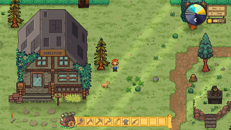 The player character stands outside a wooden lodge with ivy and a “GAMEAYCOM” sign. A small dog is nearby. Game UI shows time, money, and a tool bar.