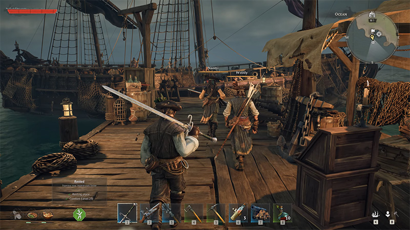 Windrose co-op gameplay: three players on ship deck with swords and tools, mini-map showing ocean location