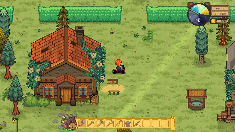The player rides a scooter past a brick-roofed cabin with benches and a well. The UI shows time (7:55am) and inventory. Fields and trees are visible in the background.