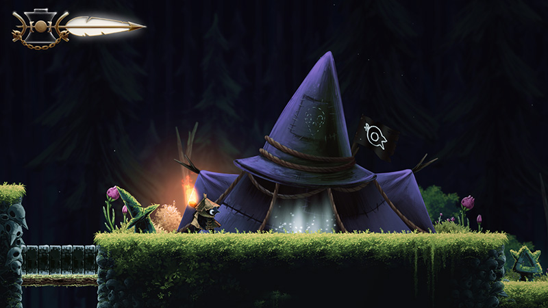 The character walks past a large, tattered wizard’s hat tent draped in ropes, with a small flag bearing a symbol fluttering nearby. Soft light spills from within the tent into the dark forest.
