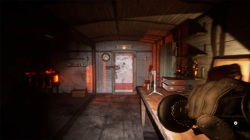 Dim wooden cabin: glowing stove, grimy door with clock/note, radio and cap on table, gloved hand in foreground, oppressive and mysterious.