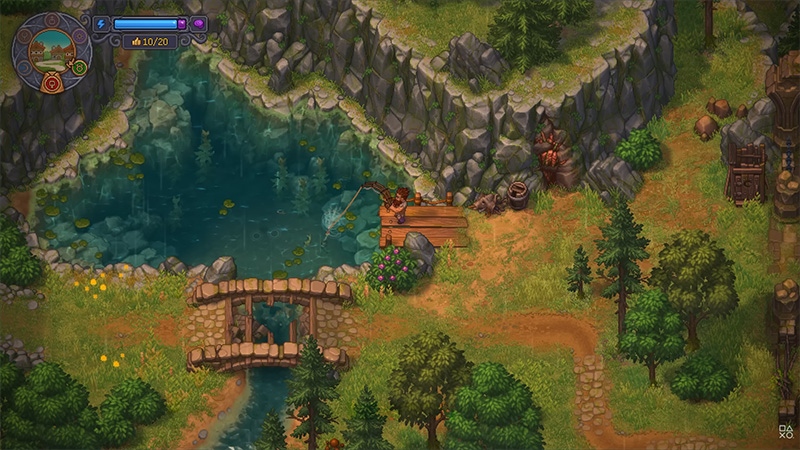 Isometric gameplay screenshot from Graveyard Keeper II: A character fishes from a wooden dock beside a clear pond surrounded by rocky cliffs and pine trees. The HUD shows a mini-map, health bar (10/20), and crafting icons. Lilies float on the water, and a stone bridge crosses a stream below.