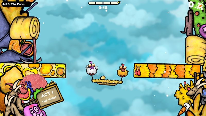 In-game scene from Act I: The Farm,two cartoon chickens stand on a small wooden plank carrying a single egg, suspended between colorful platforms. A timer shows 0:12 remaining. Background features playful farm themed obstacles and props (hay bales, carrots, signs).
