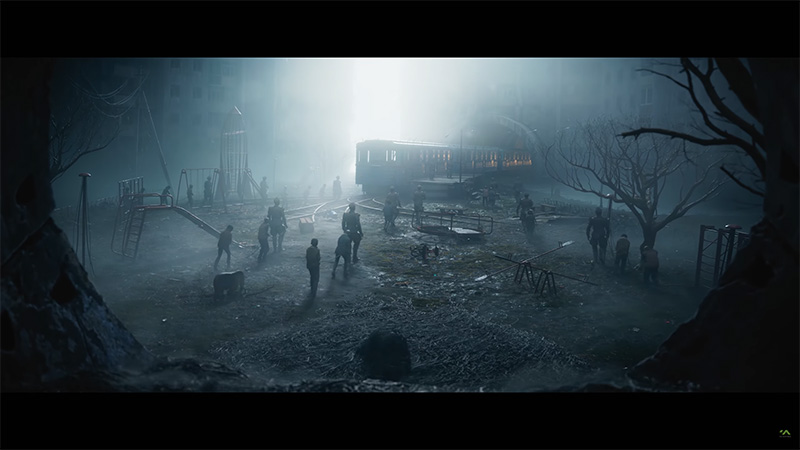 A desolate, fog-shrouded playground at dusk broken swings, rusted slides, and scattered debris where a group of survivors gathers near a dimly lit, vintage train carriage glowing faintly in the distance. The scene evokes fragile hope amid decay.