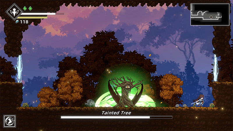 Pixel-art side-scrolling boss battle: The “Tainted Tree” a massive, twisted ancient tree with a single eye, bat-like wings, and eerie green aura dominates the center. The protagonist stands ready in the lower-right. UI shows HP (118), ability icons, mini-map, and enemy name Tainted Tree at the bottom.