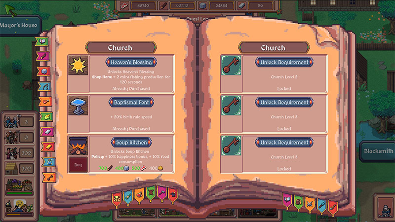 An open book-style UI showing the "Church" upgrade tree. Left page lists purchased upgrades: "Heaven’s Blessing" (grants +2 fishing production for 120s), "Baptismal Font" (+20% birth rate speed), and "Soup Kitchen" (policy: +10% happiness, +10% food consumption). Each has icons, status ("Already Purchased"), and cost details. Right page shows locked upgrades requiring Church Level 2, 3, and 3 respectively, with key icons and "Unlock Requirement" labels. Background shows partial village view.