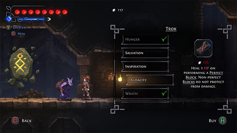 A menu shows five labeled icons: “Hunger”, “Salvation”, “Inspiration”, “Audacity”, “Wrath”. Two—“Hunger” and “Wrath”—are highlighted with green checkmarks. The selected item, “Audacity”, displays text: “Heal 1 HP on Perfect Block. Non-perfect Blocks do not protect from damage.” In the background, a character named Fjor stands facing a purple-robed NPC in a stone-walled room. A glowing gem icon and the number “117” appear in the top-left corner.