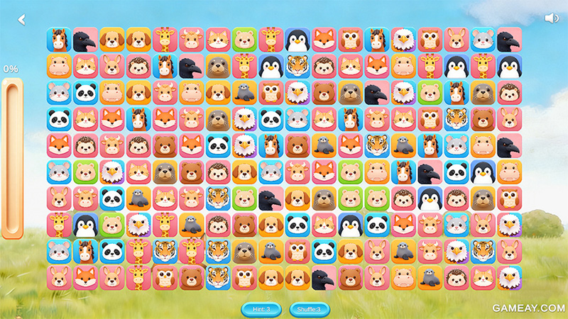 Matching puzzle game with repeated animal tiles (panda, fox, tiger, etc.), progress bar at 0%, and Hint/Shuffle buttons.