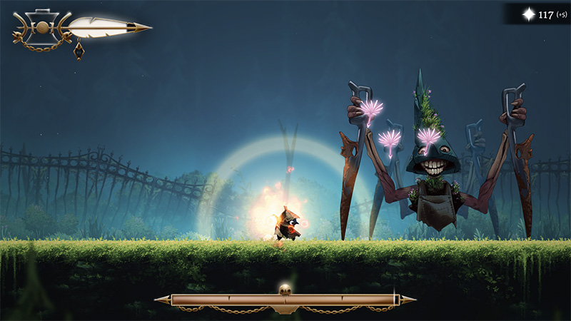 A small armored figure stands before a towering, grinning creature wearing a mossy hat and wielding two rusted blades, each topped with a glowing pink flower. Behind them, a faint luminous arch rises over a broken iron fence in the misty night.
