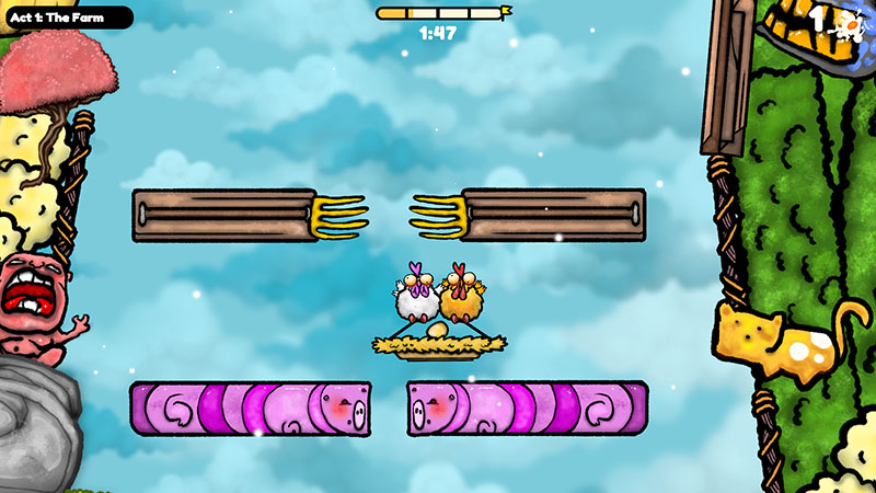Gameplay from Act I: The Farm — two chickens balance an egg on a nest-like plank, flanked by moving wooden platforms with fork-shaped ends. Below, purple segmented platforms with sleepy faces slide horizontally. A screaming pink creature and a cheese-shaped cat peek from the sides. Timer shows 1:47.
