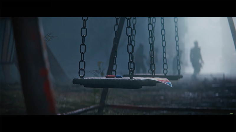 Close-up of an empty, weathered swing seat suspended by heavy chains; resting on it are two crayons (red and blue) and a torn child’s drawing, its colors faded but still visible, while blurred figures walk away in the misty background.