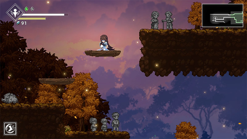 The protagonist floats on a wooden platform above a lower ledge featuring three gray stone statues and a glowing autumn tree; two additional robed statues stand on a higher platform to the right. Dusk forest backdrop with scattered starlight. UI includes HP (91) in top-left and an animated mini-map in top-right—evoking a sense of mystery and exploration.