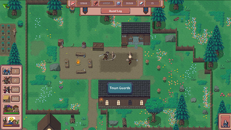 Isometric view of a town training area: two armed guards practice with swords on a dirt yard. A wooden building labeled "Town Guards" sits below them. Nearby are logs, a campfire, barrels, and a fenced enclosure. The left UI panel shows population (3), resources (food/wood/stone at 302 each), and construction queue. Top bar displays gold (57868), food (93120), wood (35308), stone (73), and "Quest Log". Trees, flowers, and fences surround the area.