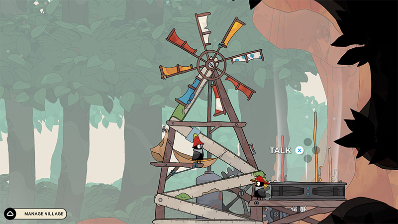 A tall, rustic windmill made of wood and repurposed tools stands in a misty forest. One bird character with a red cap sits in a small boat-shaped seat on the wheel’s arm; another red-capped bird stands below at a control panel, with a “TALK ×” prompt nearby. A “MANAGE VILLAGE” button is visible at the bottom-left, suggesting this is an interactive village facility.