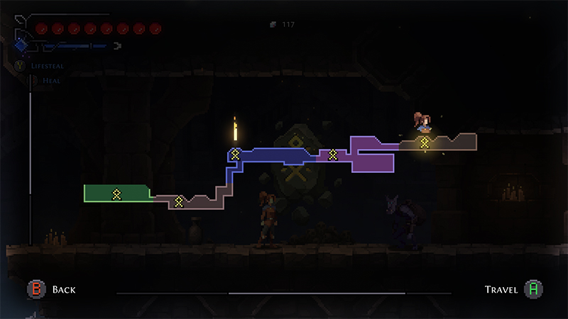 A map showing interconnected platforms with yellow X markers (teleport points). Player character Fjor stands on the left platform. Top-left: health (6 red circles), “LIFESTEAL” and “HEAL” bars. Bottom: “B BACK”, “TRAVEL H”.