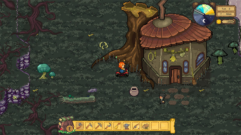 A character rides a scooter beside a house built into a large tree trunk, in a dark, mossy forest with glowing mushrooms and twisted roots. Another villager stands nearby.