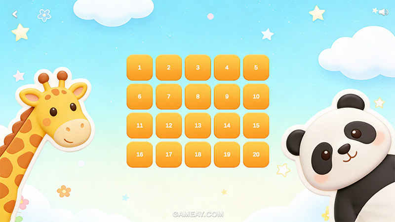 Level selection screen: 20 numbered levels (1–20) in a 4×5 grid, with giraffe and panda characters; tap to start a level.
