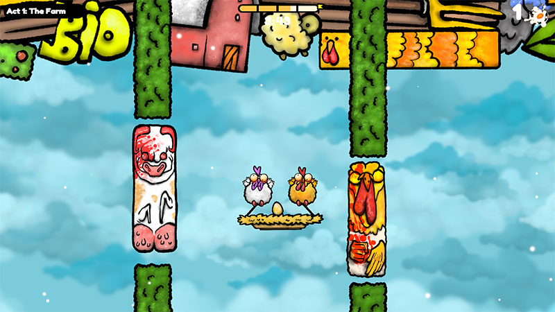Vertical level segment in Act I: The Farm — chickens stand on a small egg-carrying platform between two tall, decorated pillars (one with a cow face, one with a roasted chicken). Green hedge columns frame the path. A floating cloud and farm-themed debris (carrots, pears) drift above.