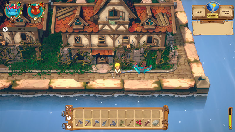 The player and a blue dragon stand on a cobblestone path beside a waterfront village house with timber-framed walls and a tiled roof; water ripples below, and UI shows time (14:53), season (Summer), day (Monday), and inventory with harvested berries.
